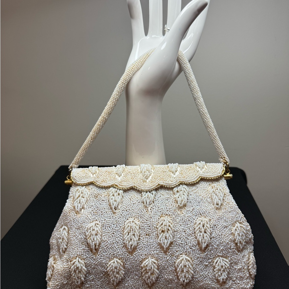 Vintage White Beaded Evening Bag Ivory Seed Bead Leaf Pattern Purse